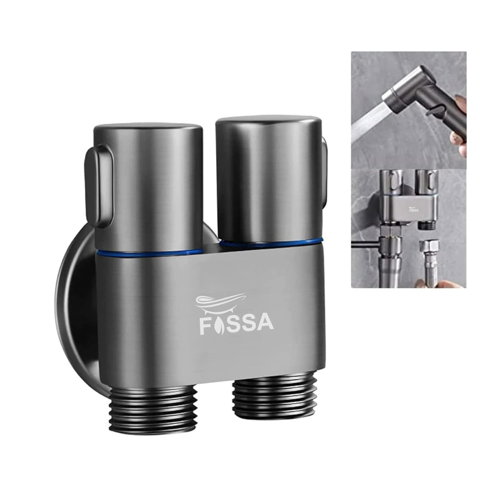 Fossa 2 in 1 Angle Cock Wall Mount Two Out Water Cleaning Sprayer Angle cock with Flange Brass Chrome Finish for Bathroom Wash Basin Toilet (Black)