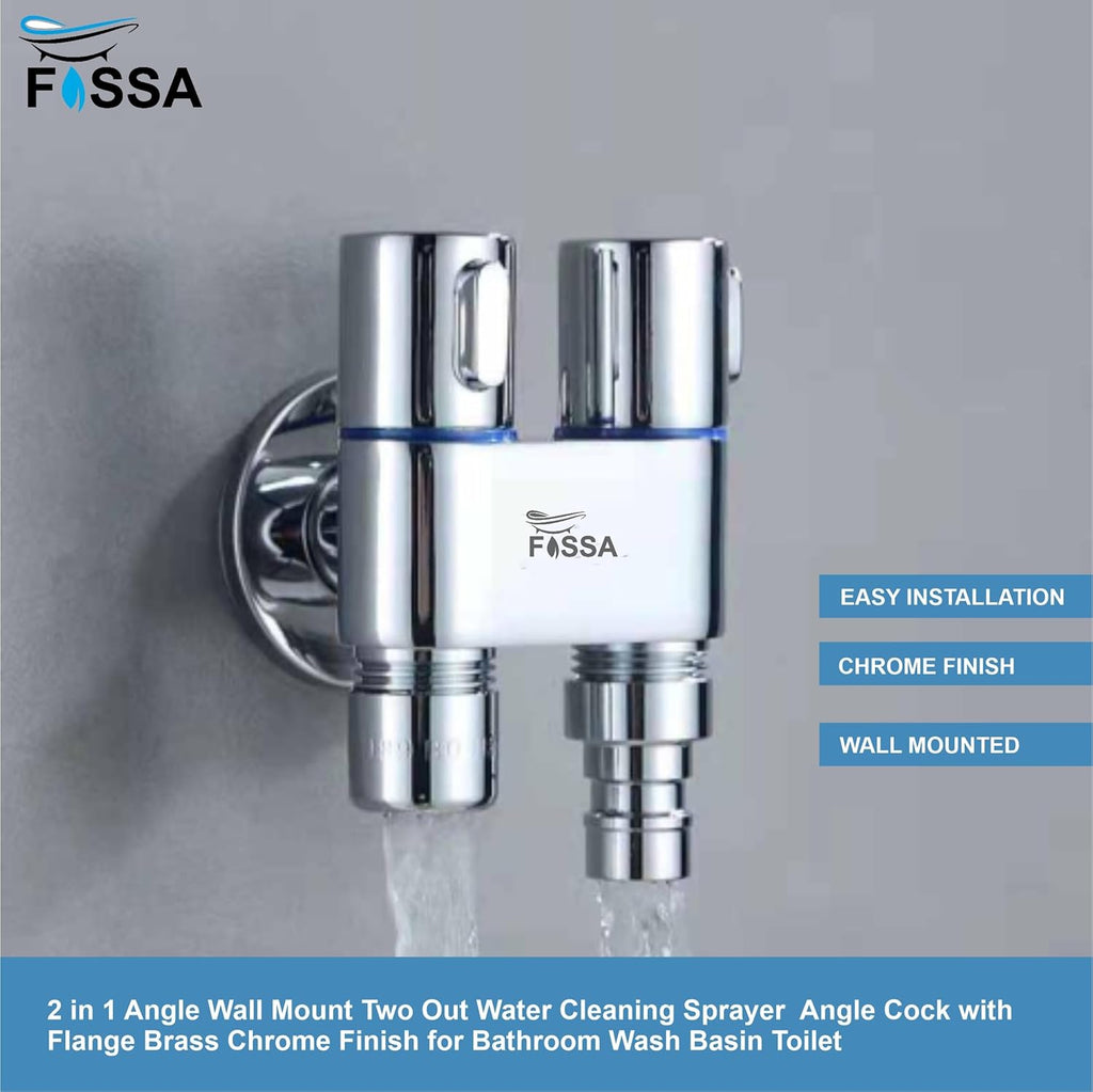 Fossa Brass 2 in 1 Angle Wall Mount Two Out Water Cleaning Sprayer Angle cock with Flange Chrome Finish for Bathroom Wash Basin Toilet (Silver) (Compact | Pack of 2)